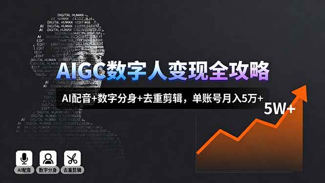AIGC数字人变现全攻略，AI配音+数字分身+去重剪辑，单账号月入5万+
